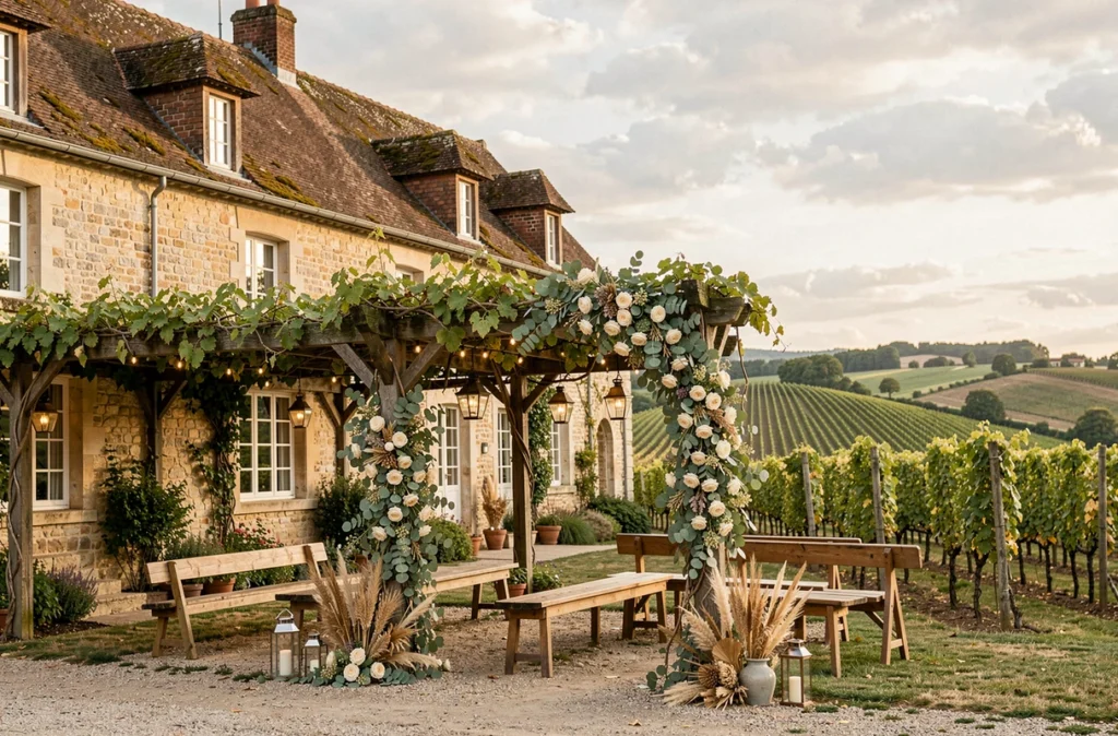 Pergola décorée pour une cérémonie de mariage au Château Flojague avec les vignes de Saint-Émilion en arrière-plan