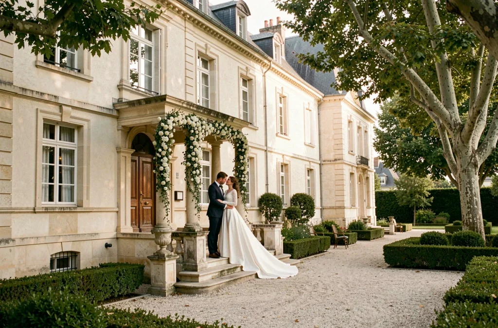 Les mariés devant la façade en pierre du Château Grattequina, salle de mariage en Gironde
