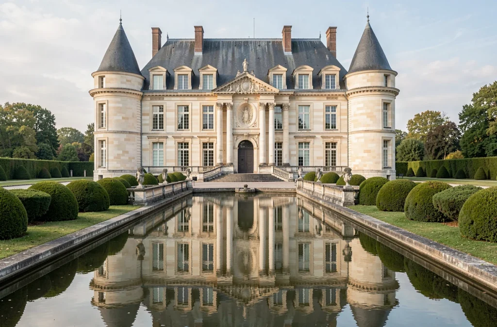 Château de Jalesnes en Saumurois avec façade Renaissance en tuffeau, tours rondes et reflet dans les douves