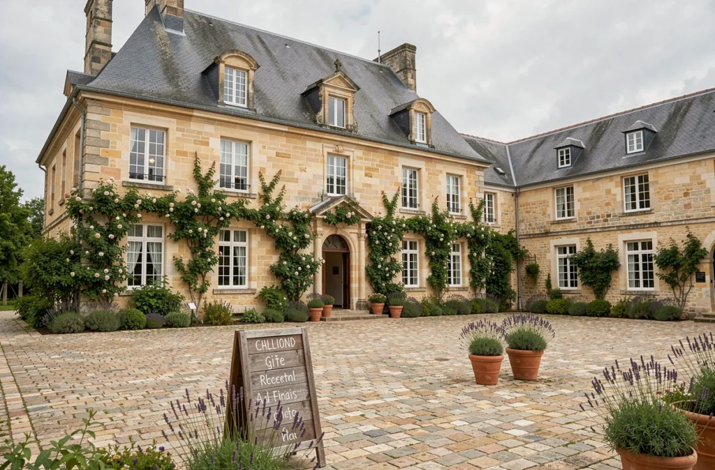 Château de Noirbreuil en Loire-Atlantique avec cour pavée et façade en pierre grise proposant gîte et réceptions