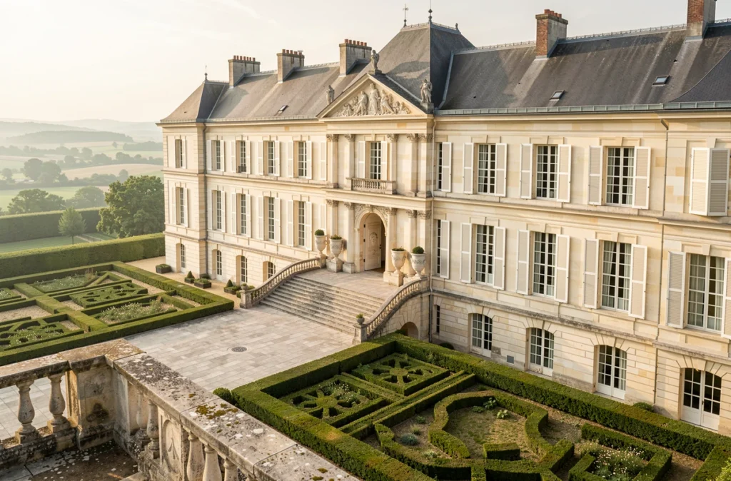 Château de Rochecotte en Touraine ligérienne avec façade classique, terrasse et parterre de buis surplombant la vallée