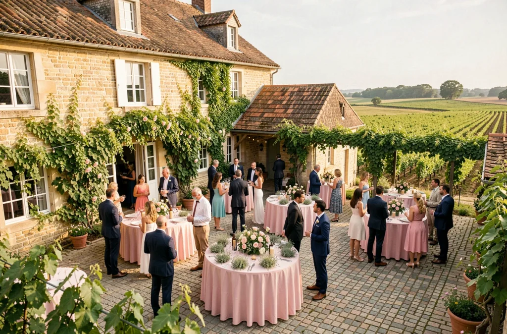 Réception de mariage dans la cour en pierre du Château Sénailhac entouré de vignes en Gironde