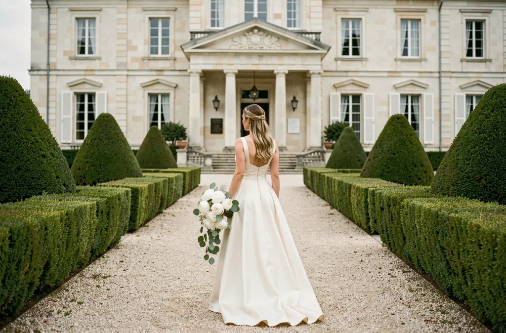 Mariée en robe ivoire marchant dans l'allée du jardin à la française du Château Sénéjac en Haut-Médoc