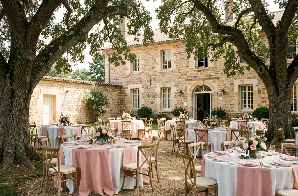 Le Clos de Montgay, domaine fermé avec cour en pierre et décoration florale pour un mariage champêtre