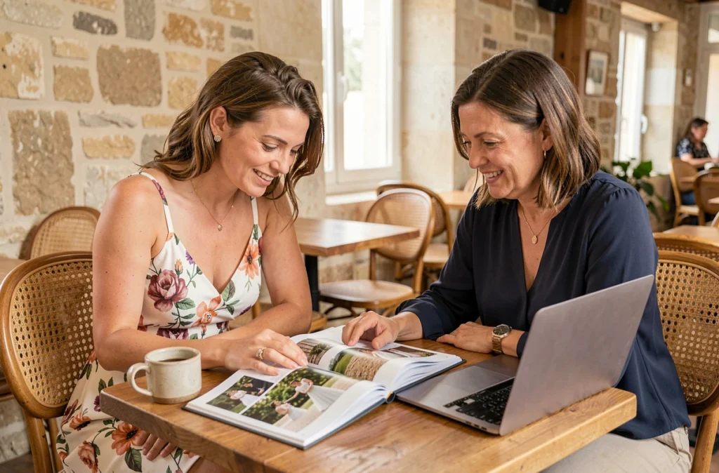 Consultation entre une mariée et une photographe de mariage autour d'un album photo dans un café de Montpellier