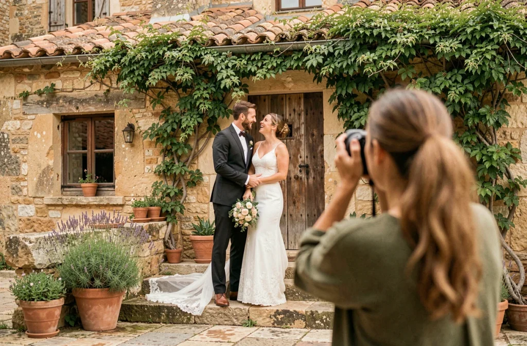 Couple de mariés photographié dans la cour d'un mas traditionnel de l'Hérault par une photographe professionnelle
