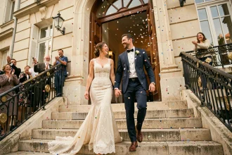 Couple de mariés sortant de la mairie avec des confettis pour une musique de sortie mémorable