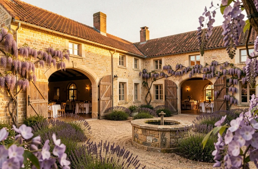 La Cour de Marius en Pays de la Loire avec corps de ferme en pierre, cour fleurie de lavande et grange ouverte pour réceptions
