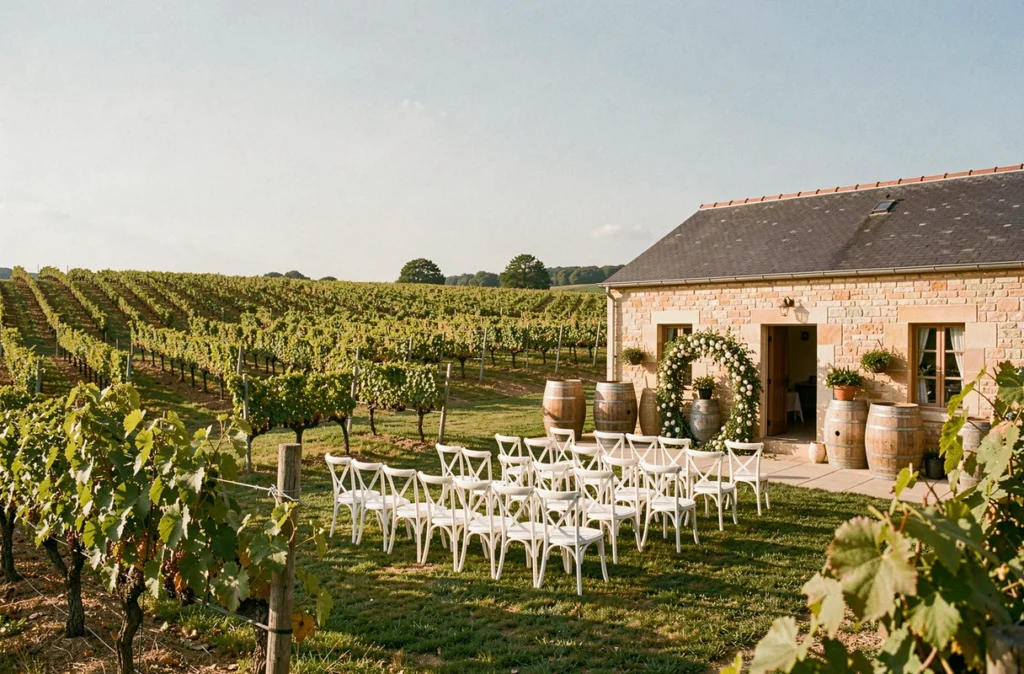 Domaine viticole de la Brulaire en Maine-et-Loire avec réception en plein air parmi les vignes et arche florale