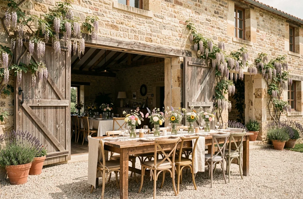 Décor de mariage champêtre chic dans la grange en pierre restaurée du Domaine de Cordet en Gironde