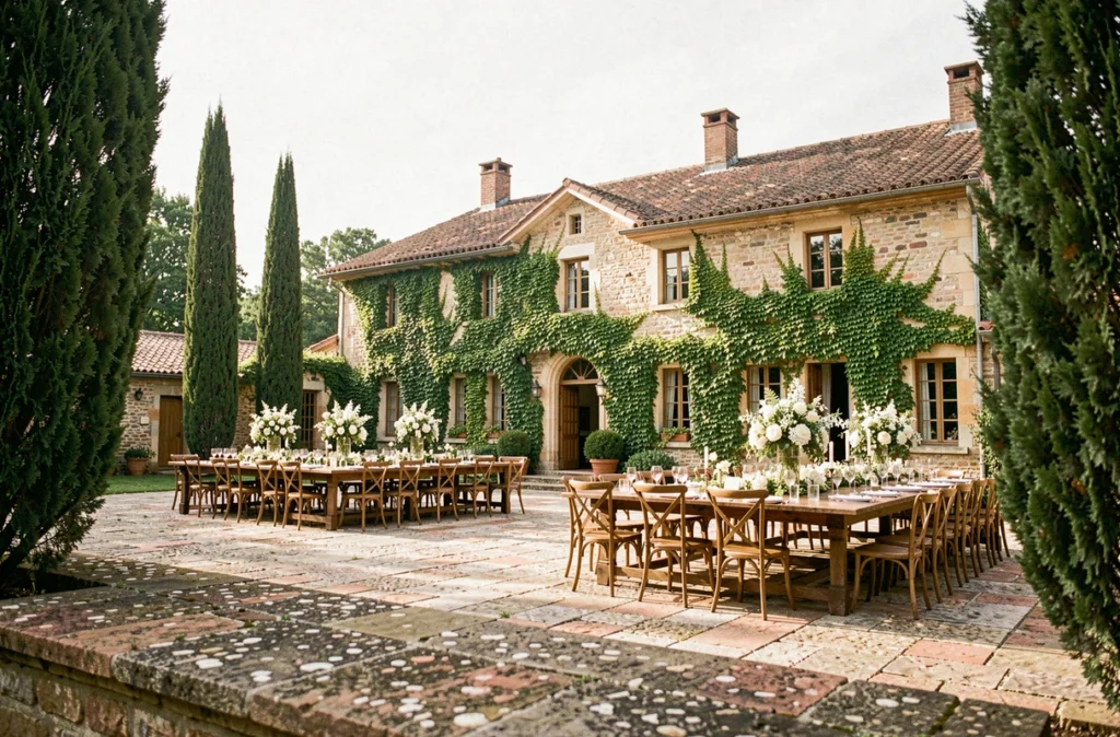 Le Domaine de Pagayrac, salle de mariage rustique en pierre avec terrasse fleurie en Haute-Garonne