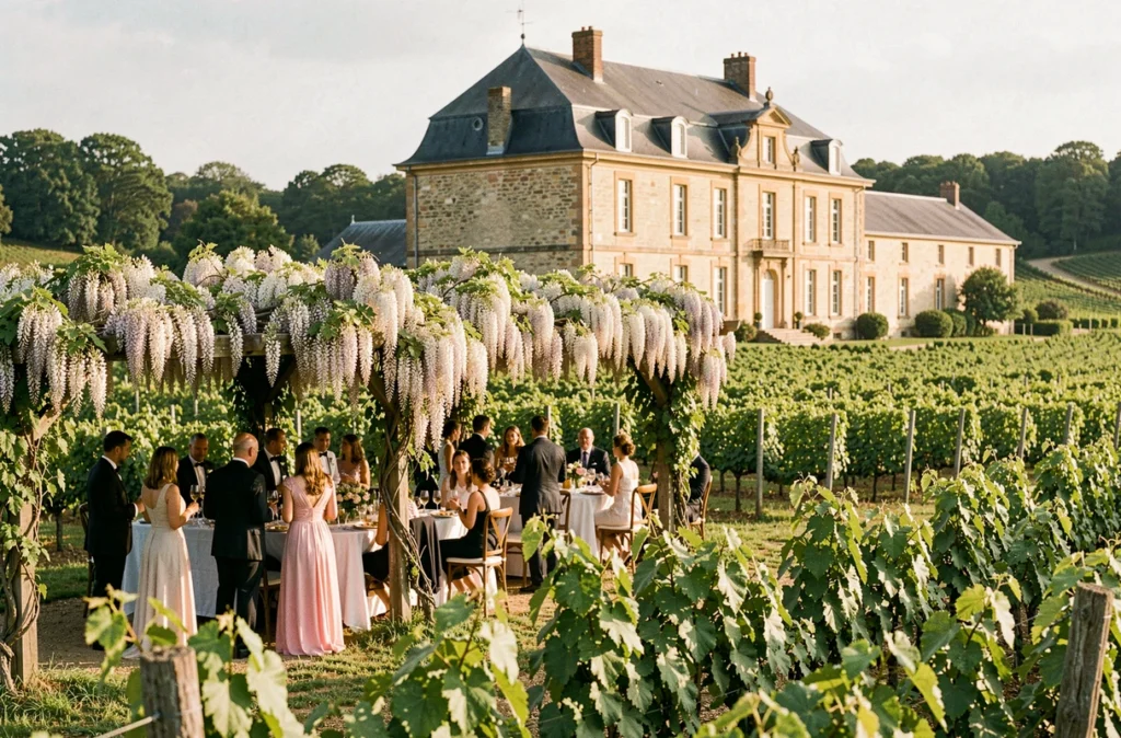 Au Domaine du Pape, domaine viticole gascon avec pergola fleurie pour la réception de mariage