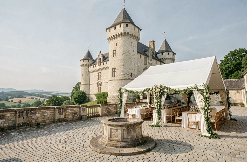 Le Domaine Le Castelet, château médiéval en pierre avec cour intérieure décorée pour un mariage en Haute-Garonne