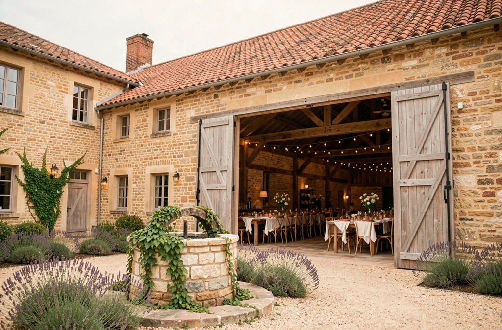 Salle de réception en grange décorée au Domaine de la Rousserie, lieu de mariage champêtre en Gironde
