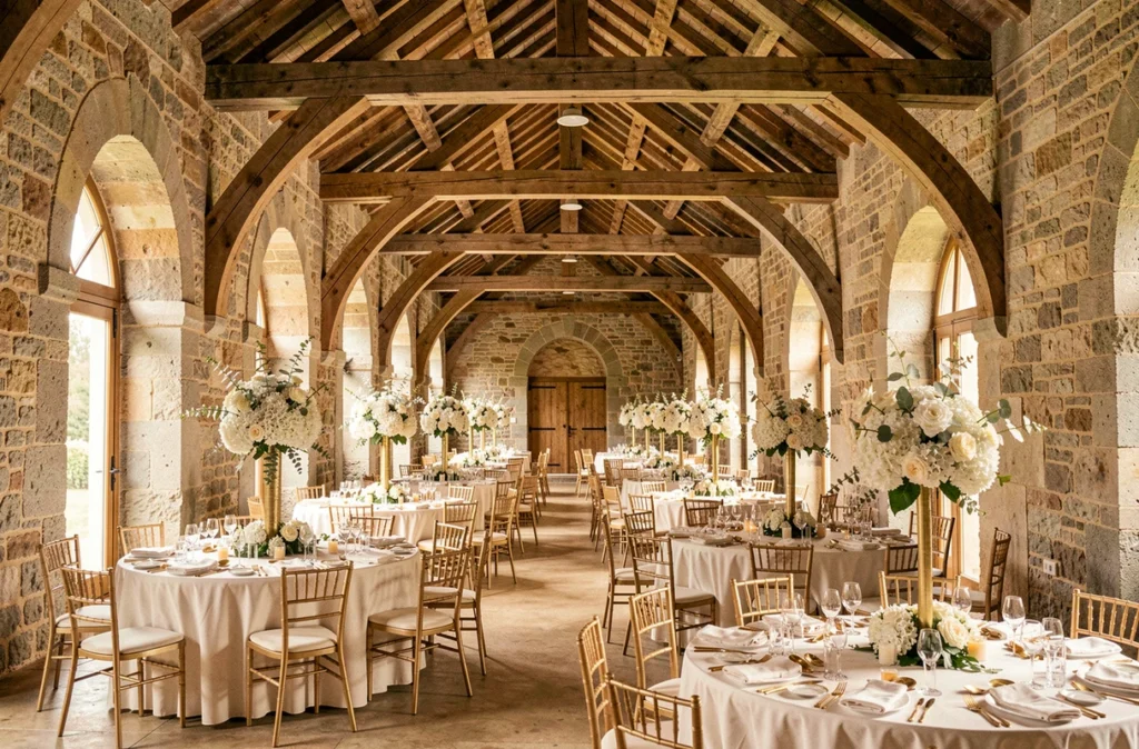 Les Écuries de Ronsac, ancienne écurie transformée en salle de réception de mariage avec poutres en bois