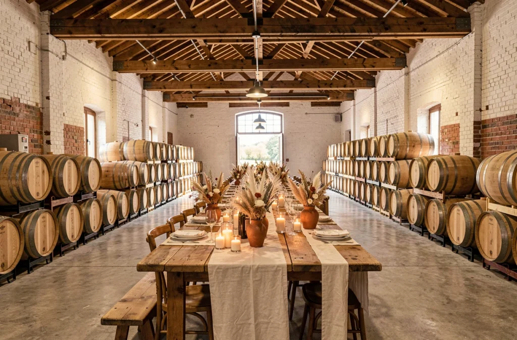 Le Gardien du Chai en bord de Loire avec intérieur en brique blanchie, fûts de chêne et tables de mariage dressées