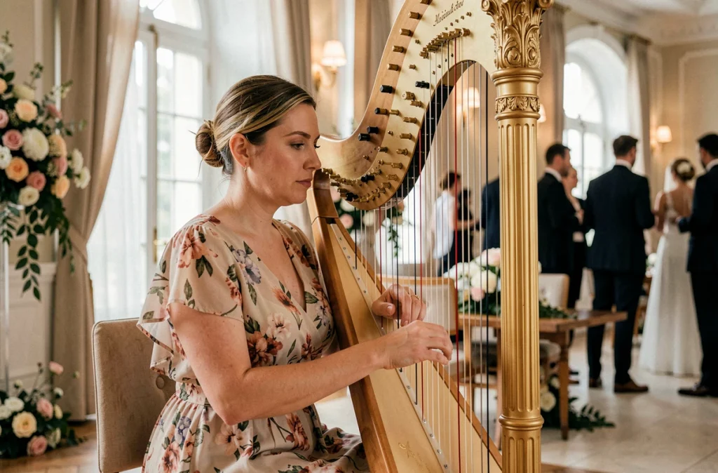 Harpiste jouant dans une salle de mairie décorée lors d'une cérémonie de mariage