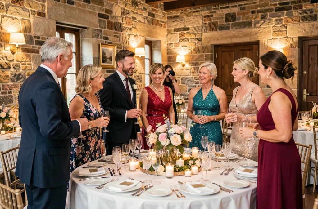 Groupe d'invités en tenue de soirée autour d'une table décorée lors d'une réception avec photographe en arrière-plan