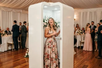 Femme élégante utilisant un photobooth lors d'un mariage, exemple de location de photobooth pour événement