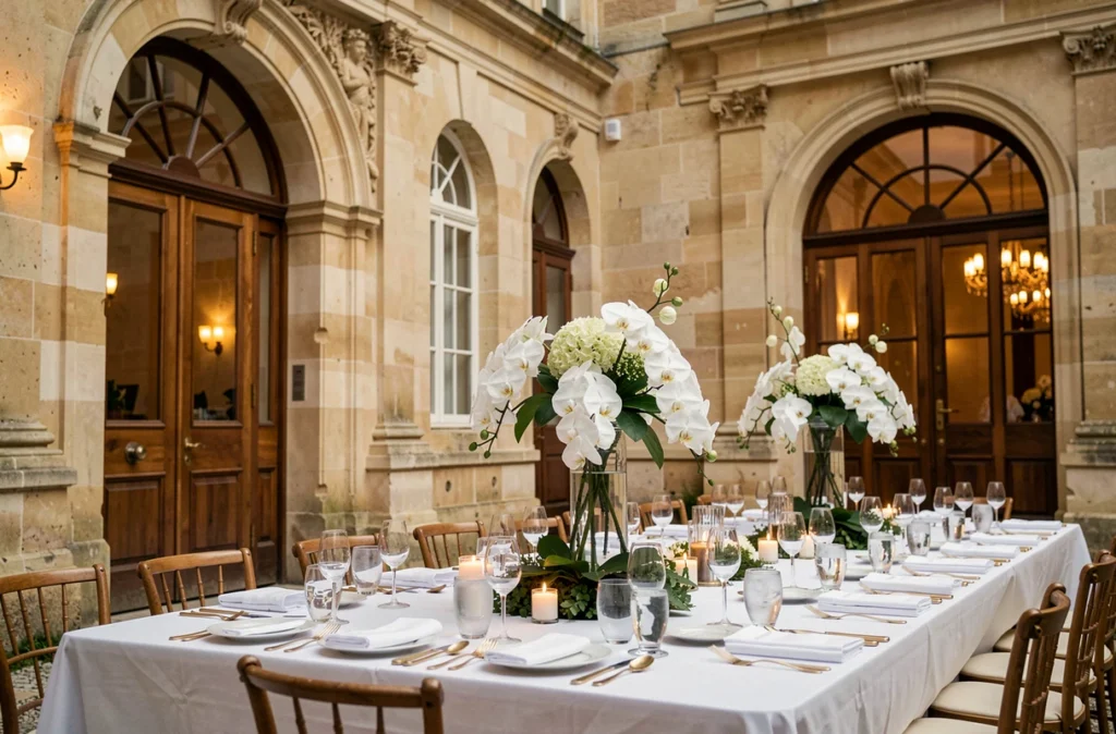 Salle de réception de mariage élégante au Manoir de Bordeaux avec décoration florale et tables dressées