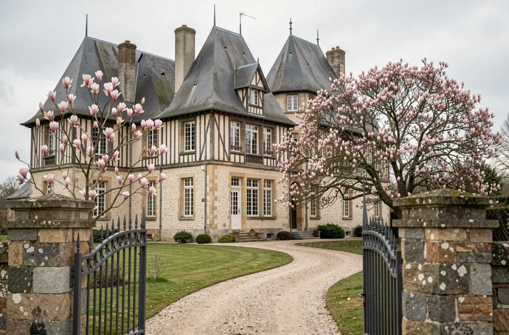 Manoir de Tourville en Pays de la Loire avec tourelles en ardoise, magnolia en fleurs et portail en fer forgé