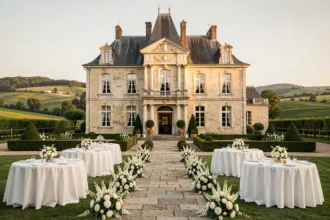 Vue d'ensemble d'une belle salle de mariage en Haute-Garonne avec un château en pierre et des jardins fleuris