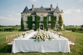 Vue panoramique d'une salle de mariage en plein air devant un château bordelais entouré de vignes en Gironde