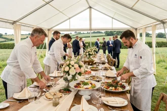 Réception de mariage en plein air en Normandie avec tables dressées, traiteurs en uniforme et décor champêtre élégant