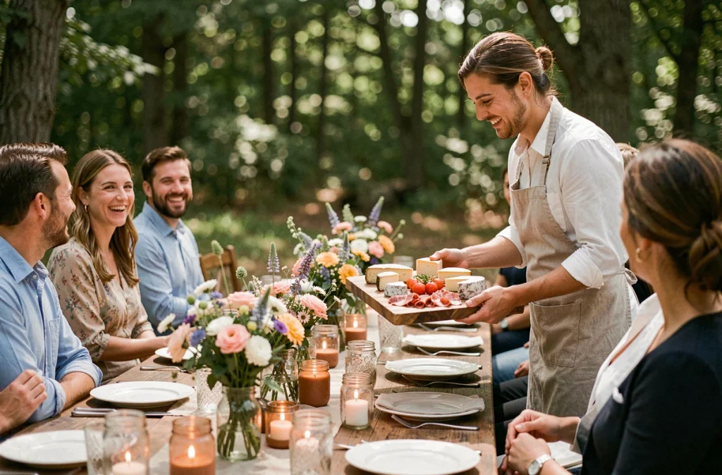 Réception champêtre en sous-bois avec longues tables rustiques, fleurs sauvages et traiteur présentant des spécialités locales