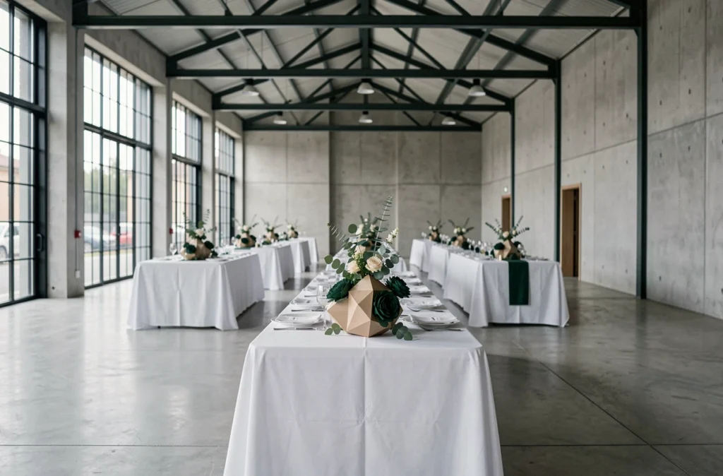 Ovyo, salle de mariage contemporaine et minimaliste avec béton poli et décoration florale géométrique à Toulouse