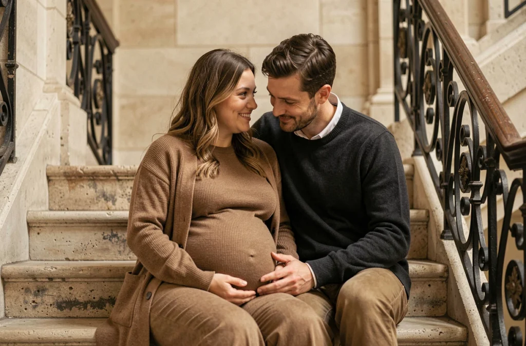 Couple attendant un bébé photographié dans un bel escalier haussmannien de Bordeaux lors d'une séance grossesse en intérieur