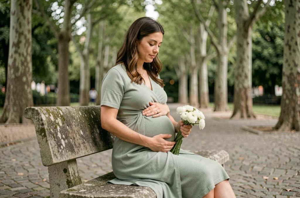 Séance photo grossesse en extérieur dans un parc lyonnais avec femme enceinte en robe verte