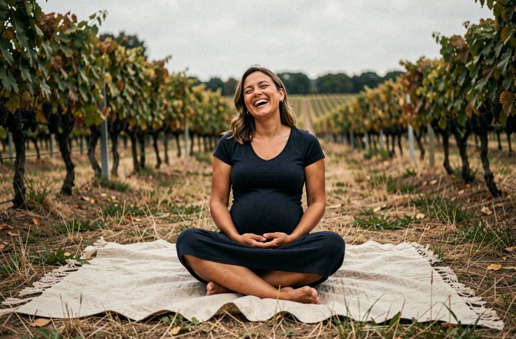 Femme enceinte assise dans un vignoble bordelais portant une robe marine, séance photo maternité en extérieur nature