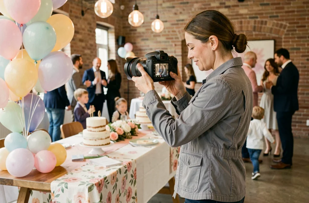 Photographe professionnelle vérifiant ses clichés lors d'un anniversaire décoré dans une salle festive à Rillieux-la-Pape
