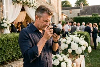 Photographe professionnel masculin en action lors d'un événement en plein air à Rillieux-la-Pape, appareil photo DSLR en main