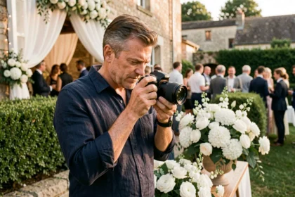 Photographe professionnel masculin en action lors d'un événement en plein air à Rillieux-la-Pape, appareil photo DSLR en main