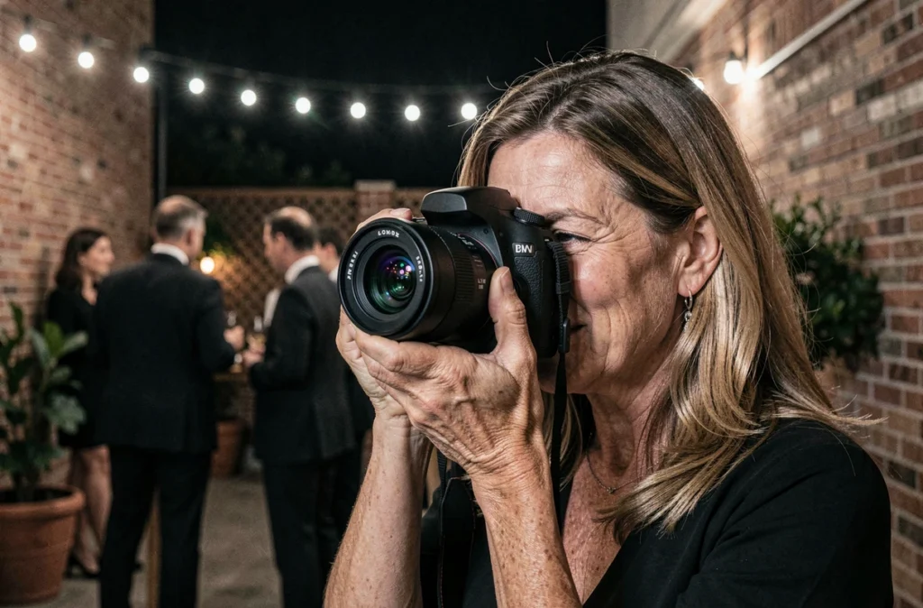 Photographe professionnelle concentrée derrière son appareil photo lors d'une soirée en terrasse
