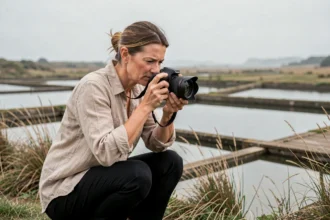 Photographe professionnelle en action dans les marais salants de Guérande, appareil photo en main