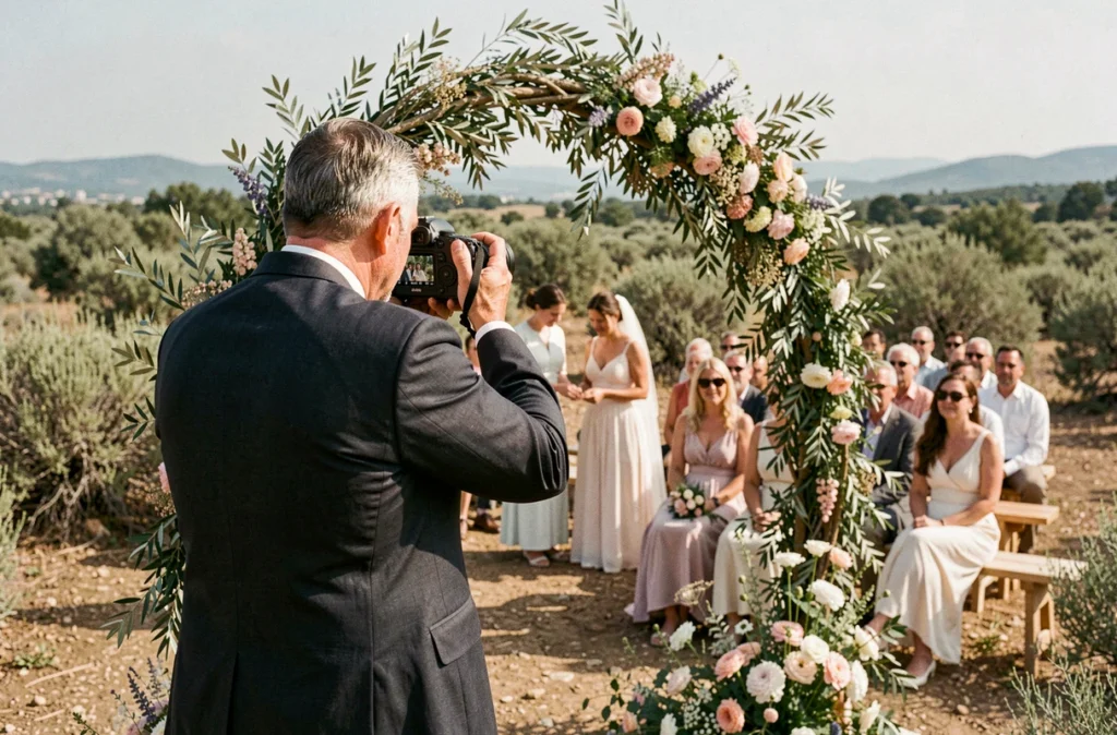 Photographe de mariage en action lors d'une cérémonie en plein air dans le paysage de garrigue de l'Hérault