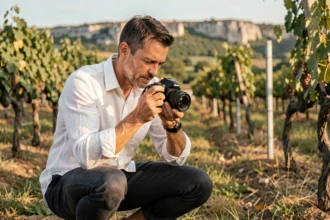 Photographe de mariage professionnel dans les vignes de l'Hérault, examinant ses photos lors d'une séance en extérieur
