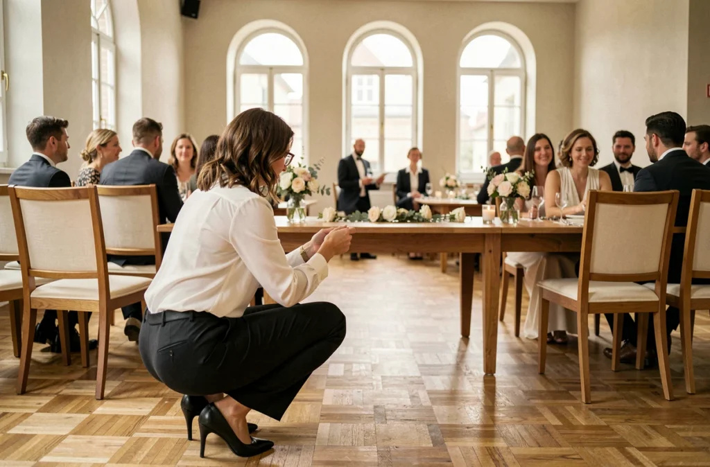 Photographe femme capturant une cérémonie de mariage en intérieur dans une salle événementielle à Rillieux-la-Pape