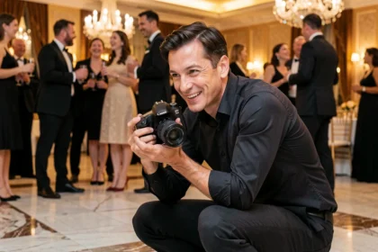 Photographe professionnel en action lors d'une soirée élégante, capturant des moments spontanés parmi les invités