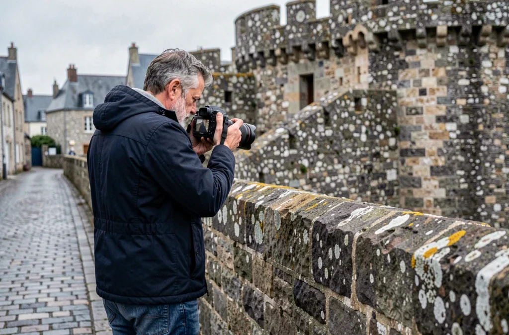 Photographe masculin consultant son appareil photo devant les remparts médiévaux de Guérande