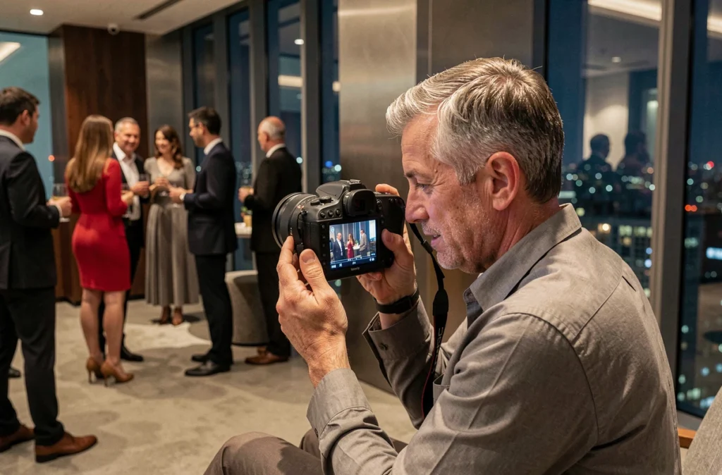 Photographe vérifiant ses clichés sur son appareil lors d'un cocktail professionnel en intérieur