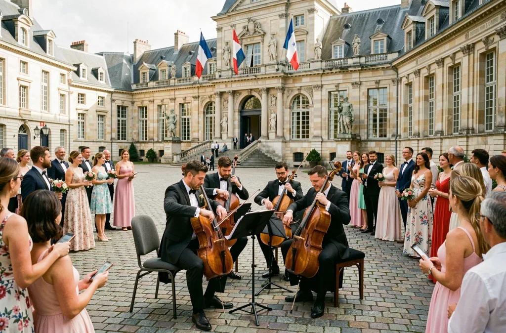 Quatuor à cordes jouant la musique de sortie de mairie devant des mariés et leurs invités