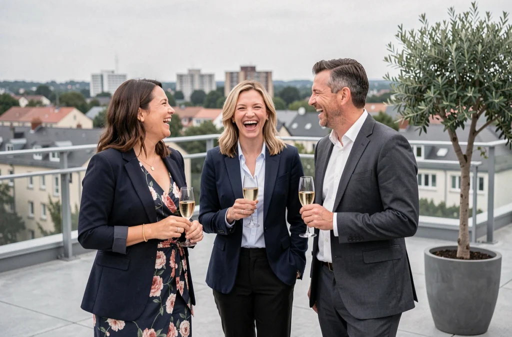 Invités souriants lors d'une réception d'entreprise en plein air sur un rooftop à Rillieux-la-Pape