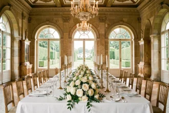 Salle de mariage élégante dans les Pays de la Loire avec table de banquet dressée, chandeliers dorés et fenêtres en arche sur jardins