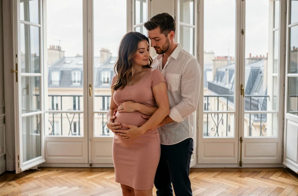 Couple attendant un bébé lors d'une séance photo grossesse dans un appartement haussmannien à Lyon