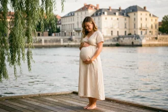 Femme enceinte en robe crème posant sur les quais de Bordeaux avec la Garonne en arrière-plan lors d'une séance photo grossesse