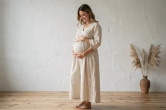 Femme enceinte en robe lin crème lors d'une séance photo grossesse à Lyon dans un studio épuré